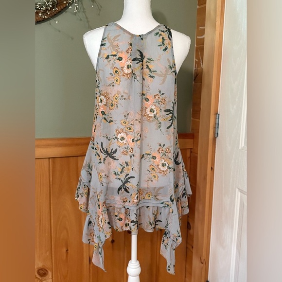Anthro MAEVE Floral Sheer Sleeveless Tunic Gray Peach Ruffle Size Small - Picture 4 of 11